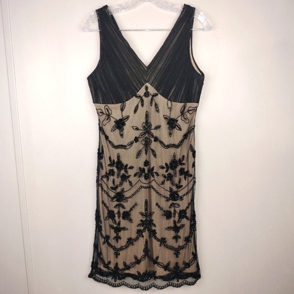NWOT Pisarro Nights Beaded Sequin Overlay Black and Nude Dress Sz. 6 - Picture 3 of 14